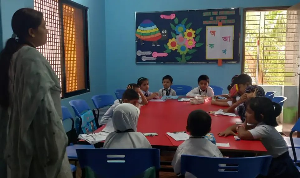 A teacher guiding a group of young learners